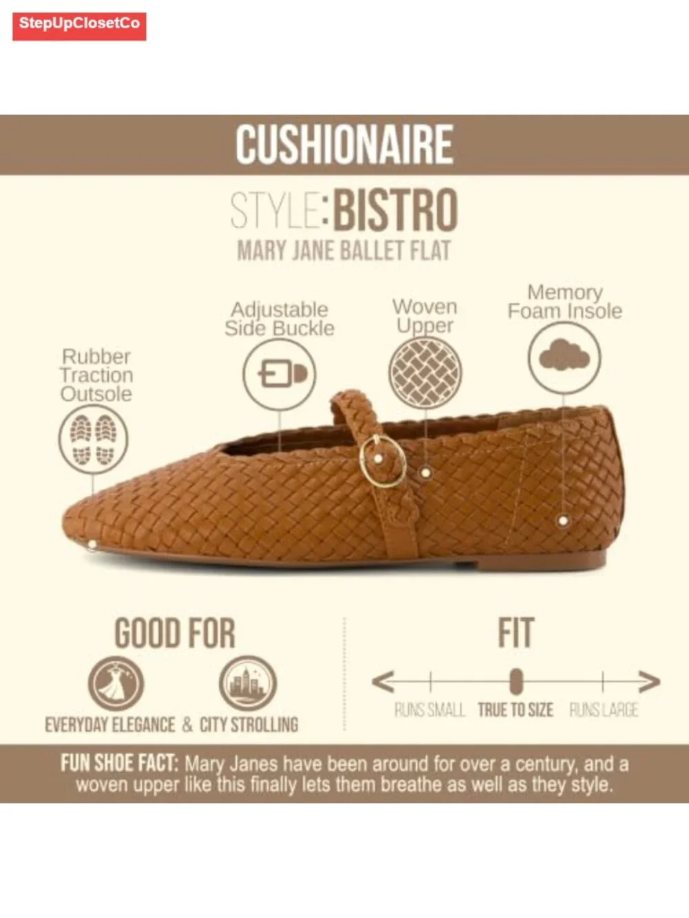 Woven Mary Jane Ballet Flats with Adjustable Strap Memory Foam